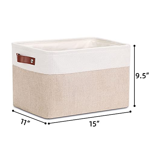 Image of DULLEMELO Fabric Storage Basket for Shelves /Closets, Collapsible Rectangle Basket for Organizing Clothes, Toys, Towels, Books, Laundry, Nursery, Dog Toy Basket Empty (White&Khaki)