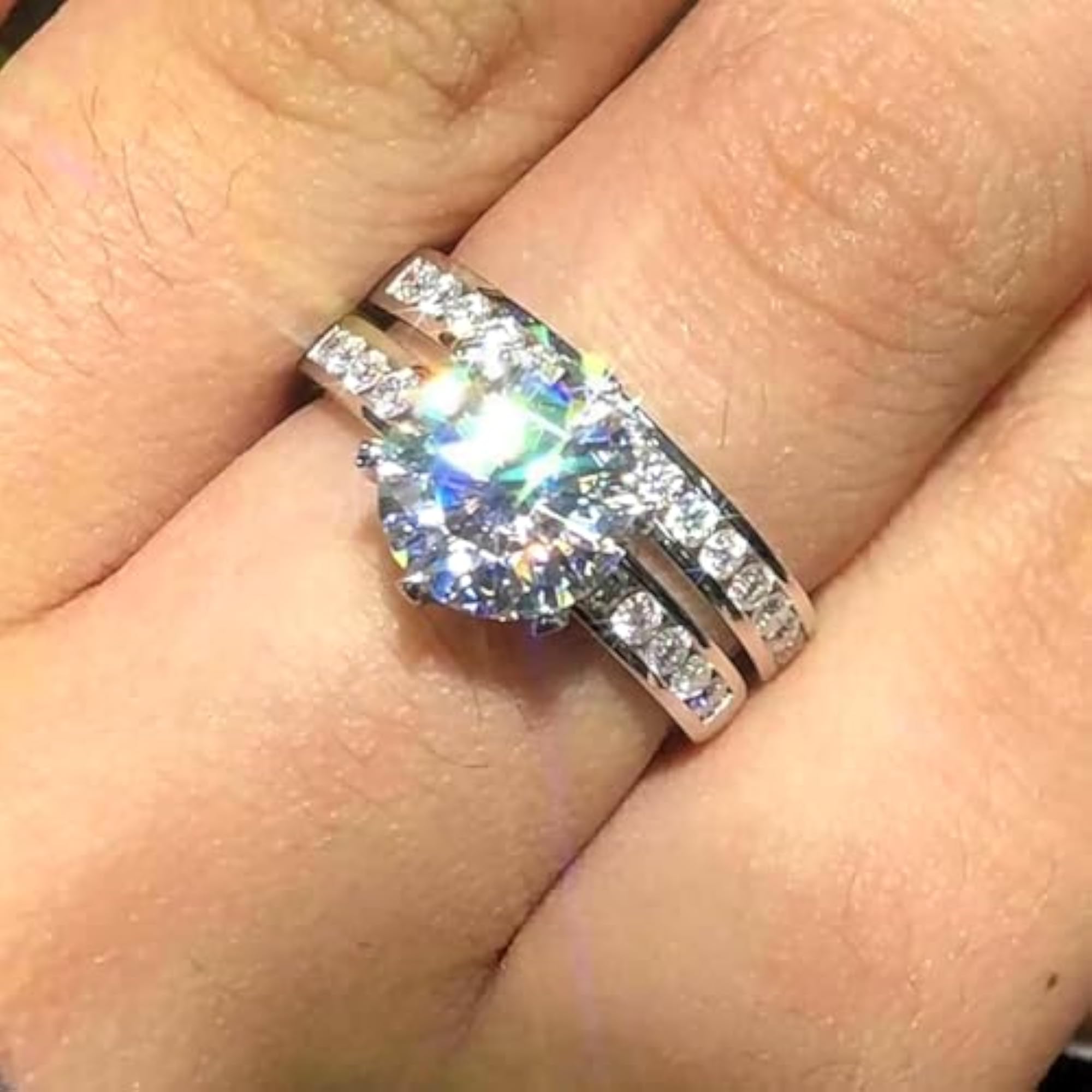 Silver Plated Cubic Zirconia Studded Solitaire & Eternity Finger Ring Set