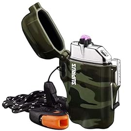 SUPRUS Waterproof Lighter 3 Modes of Flashlight Windproof Lighter Dual Arc Electric Lighters Rechargeable Dual Arc Plasma Lighter with Survival Emergency Whistle and Lanyard Camouflage
