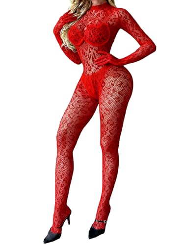 Leypafy Fishnet Body Combinaison Léopard Imprimer Femmes Bas de Lingerie Bodystocking Festival Club(QBSBW-Rouge)