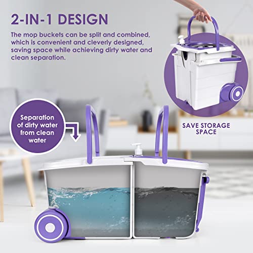 Ozd Mop And Bucket With Wringer Set, Spin Mops With Bucket And Foot Pedal, Mops And Buckets With Spinner For Floor Cleaning, Spinning Mop With 51.2" Adjustable Handle, With 6 Microfiber Mop Heads #TOP3