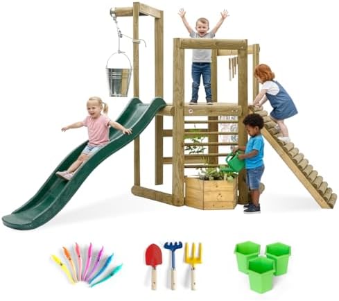 Plum Discovery Wooden Outdoor Playset, Toddler Slide, Playground Sets For Backyards, Kids Yard Play Equipment with Painting Easel, Bucket, Built-In Planter Box, Climbing Wall, Weatherproof, Age 3+ Yrs