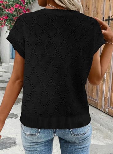 Image of SHEWIN Womens Tops Crewneck Cable Knit Short Sleeve Sweater Loose Lightweight Blouses Dressy Casual Pullover Sweaters Top