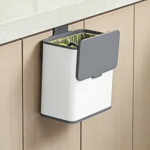 Qflushor Under Counter Waste Bin, 1.9 Gallon Metal Small Trash Can for Cabinet Door, Hanging Space-Saving Garbage Can with Lid for Kitchen, Bathroom, RV, Office, White