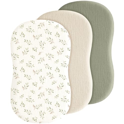 Image of Coreeky Baby Muslin Bassinet Sheets 3 Pack for Boys & Girls, Soft Breathable Cotton Bassinet Mattress Cover, Universal Fit for Hourglass, Oval, and Rectangle Mattress (Spring Meadow)