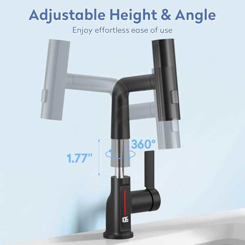 SINGSUO Bathroom Sink Faucet 1 Hole with Temperature Display, Single Hole Rotatable Bathroom Faucet with Pull Out Sprayer, Modern Pull Down Faucet with 360°Swivel Spout, 3 Spray Modes (Black) by SINGSUO - Image 5
