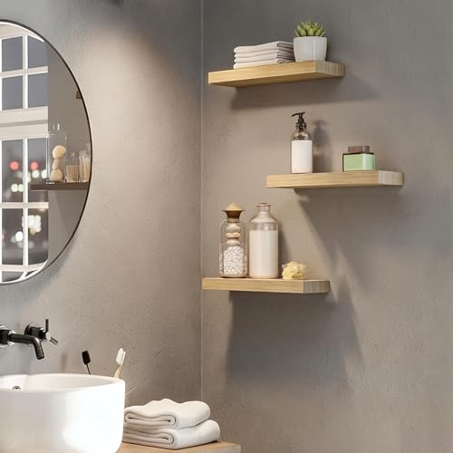 Image of HOOBRO Floating Shelves for Wall, Wall Mounted Shelf Set of 2, 15.7 inch Hanging Shelf with Invisible Brackets, for Wall Decor Storage in Bathroom Bedroom Kitchen Living Room Office, Natural NL40BJ01