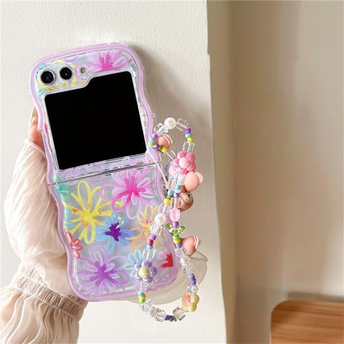 Coque Samsung Z Flip 5 avec lanière fleur de dessin animé et chaîne poignet