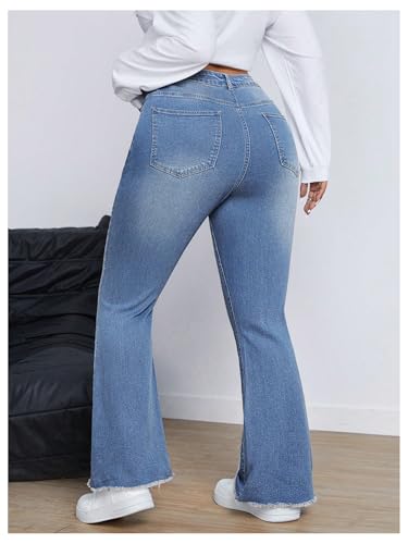 MakeMeChic Women's Plus Size Ripped Raw Hem Jeans Pocket Bell Bottom Y2K Long Denim Pants2