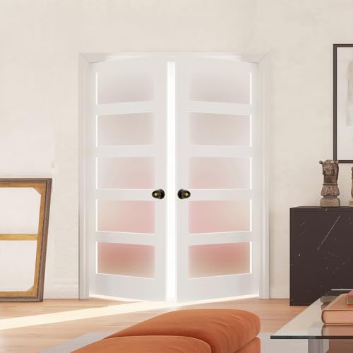 Image of (28 inch x 2) x 80 inch Frosted Glass French Door Slab, White 5 Lite Pantry Door with Black Knobs & Lock, Easy to Assemble Interior Doors for Bathroom, Bedroom, Laundry