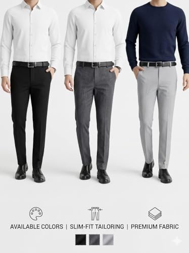 Image of Men's Premium Formal Trousers, Slim Fit Premium Fabric Blend, Pack of 3, Black, Dark Grey, Light Grey
