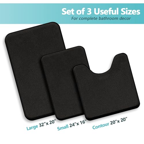 Black Bathroom Rug Set Memory Foam Bath Mats 3 Piece with Toilet Mats, Soft & Supportive, Shock Absorbing, Water Absorbent, Non-Slip Bath Rugs, Machine Washable, Area Rug, Home Decor Accessories