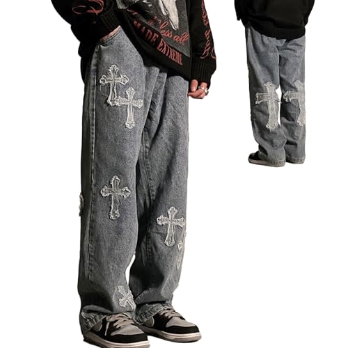 Baggy Jeans Men Streetwear Grunge Y2k Pants Distressed Cross Patch Cloth Frayed Gothic Punk Denim Clothes