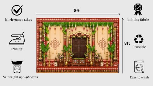 Image of varalakshmi Backdrop Cloth for Decoration Pooja | Decoration Backdrop Vintage Door | Divine Gruhapravesam Backdrop Mango Leaf Toran and Decorative Main Door 8x8 Feet