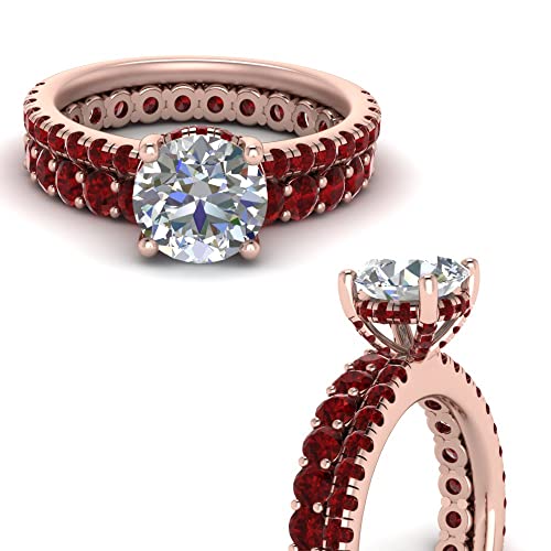 Image of Choose Your Gemstone Hidden Halo Diamond CZ Ring with Gemstone Band Rose Gold Plated Round Shape Wedding Ring Sets Minimal Modern Design Birthday Gift Wedding Gift US Size 4 to 12