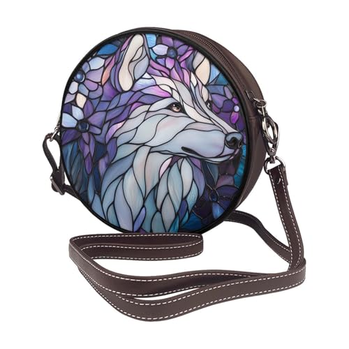 Stained Glass Pomsky Floral Art Women Round Crossbody Bags Leather Sling Bag Purse2