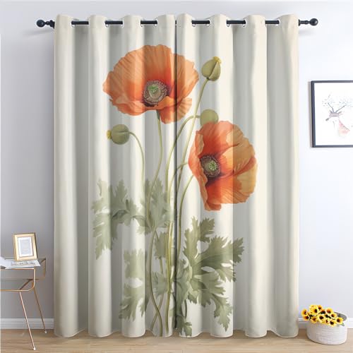 Rideau Occultant Coquelicot - Rideau Thermique Motif Fille Fleurs Rouge, Rideaux Chambre Salon Fenetre, Lot de 2 Rideaux et Draperies Intérieurs à Oeillets,...