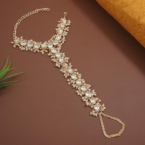I Jewels Gold Plated Indian Wedding Bollywood Embellish with Kundan & Pearl Adjustable Haath Phool/Panja Bracelet for Women (PIJ027-29) (PIJ024W)2