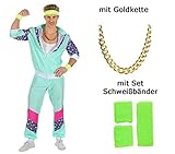 80er Jahre Kostüm 80 er Jahre Trainingsanzug - Jogginganzug Proll in türkis Gr. S bis XXL + Goldkette + Schweißbänder (XX-Large)