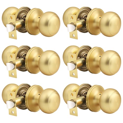 Probrico 6 Pack Gold Passage Door Knob, Keyless Doorknobs Interior Door Lockset, Passage Door Handle for Hallway/Closet Non-Locking