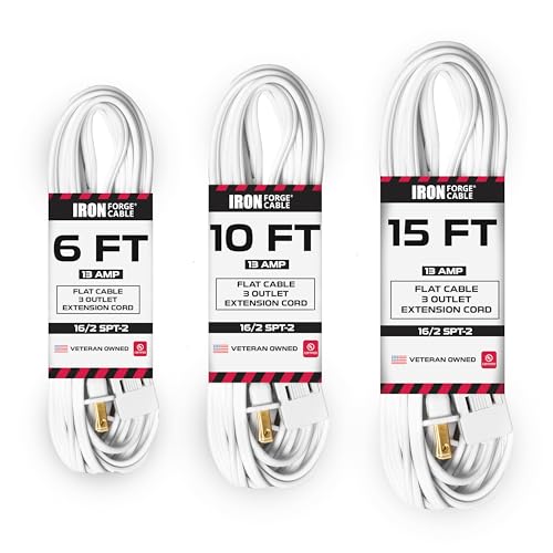 Iron Forge Cable White Extension Cord with 3 Outlets, 3 Pack of 6ft, 10ft, & 15ft - 16/2 SJTW 2 Prong Indoor Extension Cord with Multiple Outlets