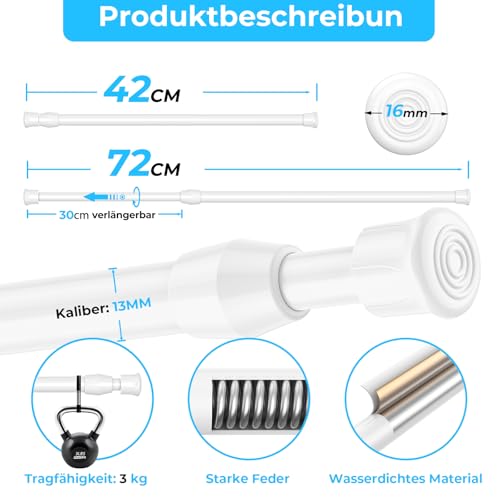 AIZESI 2 Stück Gardinenstange ohne Bohren 42 bis 72cm Weiß, Ø13mm duschstange ohne bohren, Klemmstange zur Anbringung von Gardinen für Fenster, Küche, Kleinere Schränke, und Badezimmer