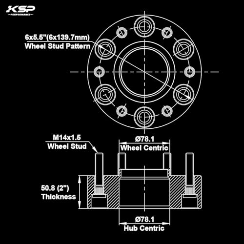 Image of KSP 6x5.5 Wheel Spacers 2 Inch for Silverado 1500 Sierra 1500, 6x139.7 M14x1.5 Studs 78.1mm Hub Bore Forged Spacer fits Yukon XL, Tahoe, Escalade Avalanche,2pcs