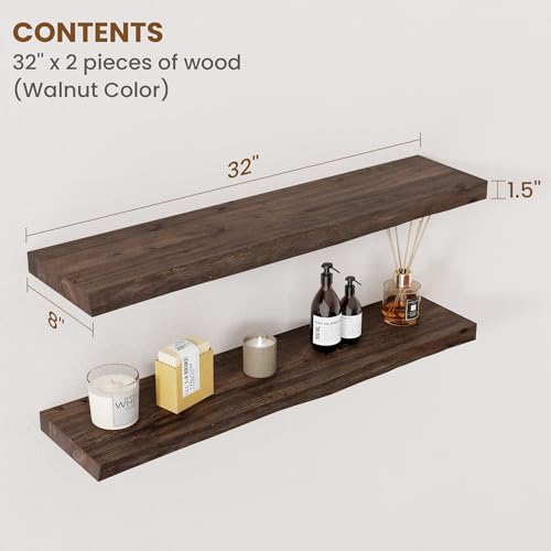 Image of Floating Shelves for Wall Decor, Rustic Solid Elm Wood Live Edge Floating Shelves Wall Mounted, Wall Shelves with Invisible Bracket for Living Room Bathroom Bedroom Kitchen, 32 Inch Set of 2, Walnut