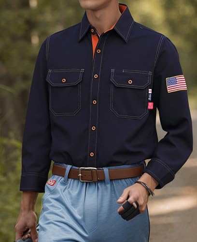 BOCOMAL FR Shirts for Men Flame Resistant Light Weight NFPA2112 Fire Retardant Welding Shirt Water & Oil Repellent Finish