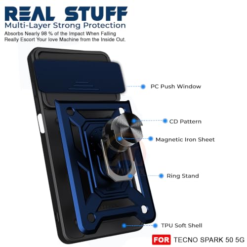 Image of Armor Bumper Back Cover Case for Tecno Spark 50 5G | Rotating Camera Cover, Ring Holder & Kickstand | Heavy Duty & 360 Degree Protection Back Cover (Blue)