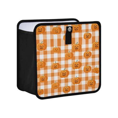 Image of Car Trash Can Organizer Bin with Adjustable Strap for Back Front Seat Console Waterproof Leakproof Collapsible Portable 8.66 Inch Halloween Orange Plaid Pumpkin Heads