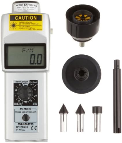 Shimpo DT-205LR Dual Contact/Non-Contact Handheld Tachometer with 6" Wheel, LCD Display, 6-99999rpm Range