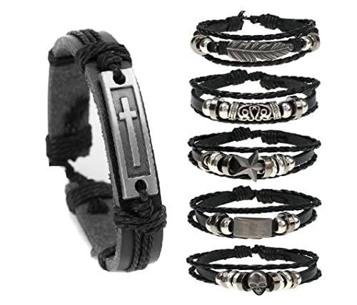 6PCS Braided Leather Bracelets for Men Women Woven Cuff Wrap Bracelet Ethnic Tribal Rope Wristbands Bracelets Set Adjustable Punk Rock Jewelry Skull Fashion Cross Bangle (Black A)