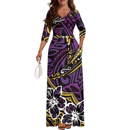 Cjfognsoa Puletasi Samoan Puletasi Dress for Women Purple Polynesian Clothing Plus Size Hawaiian Mumu Dresses for Curvy Women Maxi Dresses for Seniors 3/4 Sleeve Curvy Graduation Dress for Mom 2XL