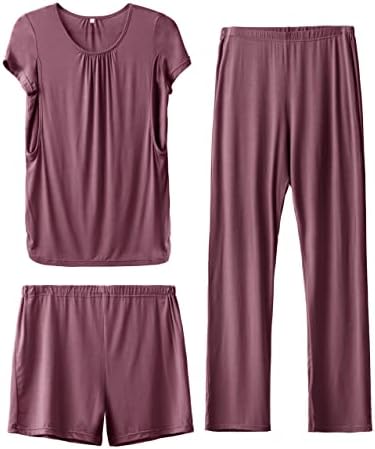 SUNNYBUY Womens Maternity Nursing Pajamas Set, Short Sleeve Breastfeeding Shirts，Pregnancy Shorts & Pants 3 Piece Nursing PJS, Burgundy M