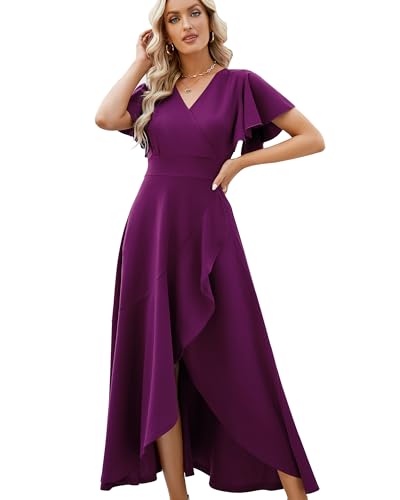 ZZV Formal Dresses for Women,Gowns Evening Party Cocktail Dress,Long Split Elegant V Neck Wrap Ruffle Wedding Guest Dresses Purple-L