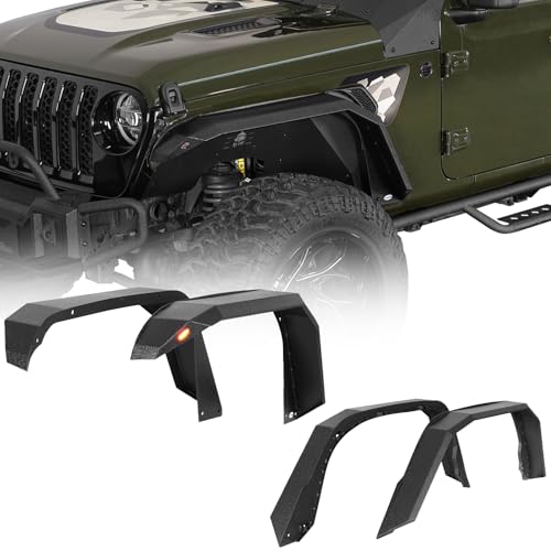 Hooke Road Gladiator Flat Fender Flares Front and Rear Kit for 2020-2025 Jeep Gladiator JT, Wheel Well Mud Guards w/Turn Signal Lights - 4PCS