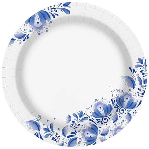 Charmount 10 Inch Large Blue Paper Plates, 100pcs Disposable Plates Bulk, for Parties and Daily Use, Soak Proof, Cut Proof, Flower Printed