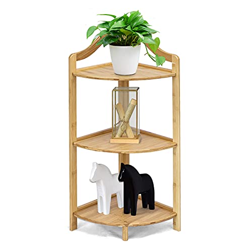 CASART 3-Tier Corner Shelf, Bamboo Freestanding Storage Shelf, Small Ladder Shelving Unit Multipurpose Storage Rack for Living Room Bedroom Bathroom Balcony