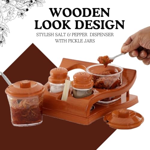Image of Nabhya Complete Dining Table Set of Pickle Jars, Salt and Pepper Dispenser, Toothpick Holder and Spoon Holder(Wooden Look Design, Plastic) (Hi-Choice)