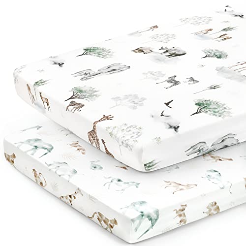stretchy ultra soft jersey knit fitted pack n play sheets set 2 pack portablemini crib sheets for boys and girls stylish playard sheets fitted safe and snug african savannah animals pattern