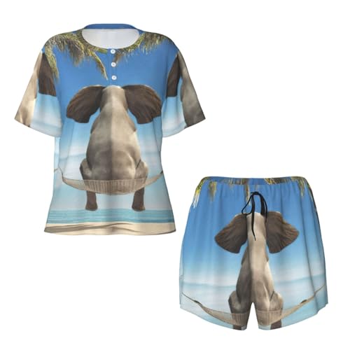 Pyjama 2 pièces femme ample contre la chaleur avec poches et motif éléphant tropical