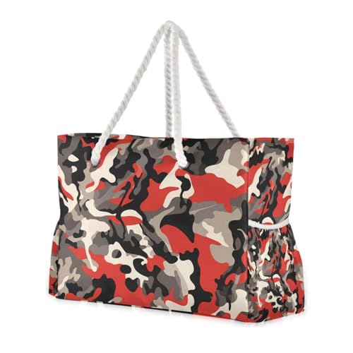 Camouflage Red Sturdy Sturdy Tote Bags with side pocketes Travel Bag Beach Sports Handbag for Pool Gym Grocery Travel