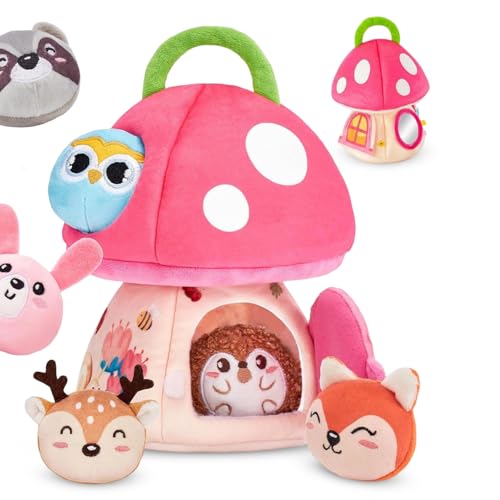 Jouet Montessori pour bébé de 6 mois, maison champignon avec 6 animaux en peluche, hochet, miroir, jouet de motricité, jouet sensoriel, cadeau de Noël pour garçons et filles à partir de 6, 7, 8, 9, 10