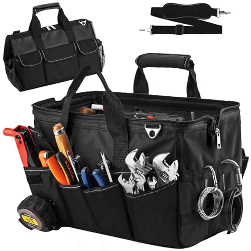 Tool Bag, 16inch Foldable Open Top Tool Bag Organizer for Easy Tool Access, Water-Resistant Construction, Men GIfts with Handle & Padded Adjustable Strap, Black