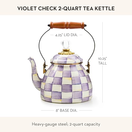 Image of MACKENZIE-CHILDS Tea Kettle, 2 Quarts, Purple-and-White Violet Check