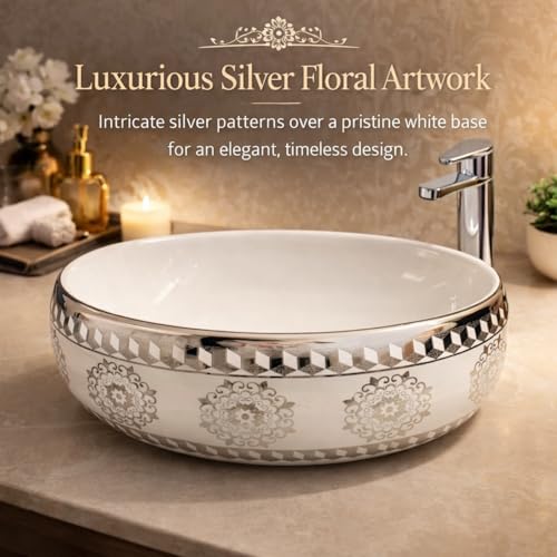 Image of Wallace Premium Countertop Wash Basin 60x40x15 cm | Oval Ceramic Table Top Sink |Interior with Gold Pattern | Luxury Designer Vanity Wash Bowl (Ivory Silver)