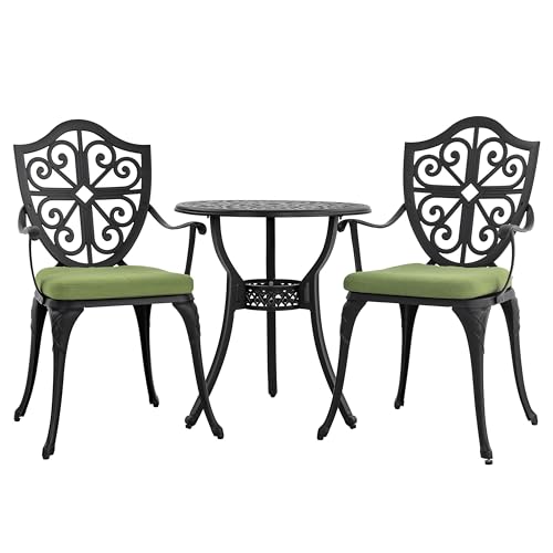Image of NUU GARDEN 3 Piece Outdoor Bistro Set, Outdoor Cast Aluminum Patio Bistro Table and Chairs Set of 2 with Umbrella Hole and Green Cushions for Backyard, Balcony, Porch, Black