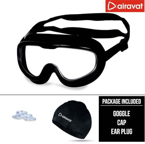 Image of AIRAVAT Shore swimming goggles, polycarbonate goggles, No Leaking Anti-Fog Pool Goggles for Adult Men Women Youth, UV Protection, 180 Clear Vision, Free size (Black Combo)