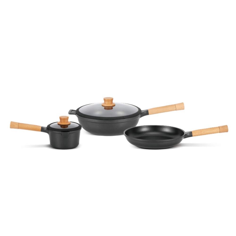Pentola Cucina, Set 3 padelle antiaderenti, Padella Wok, pentola Il Latte, Set Utensili Cucina con Manico in faggio, Resistente Robusto